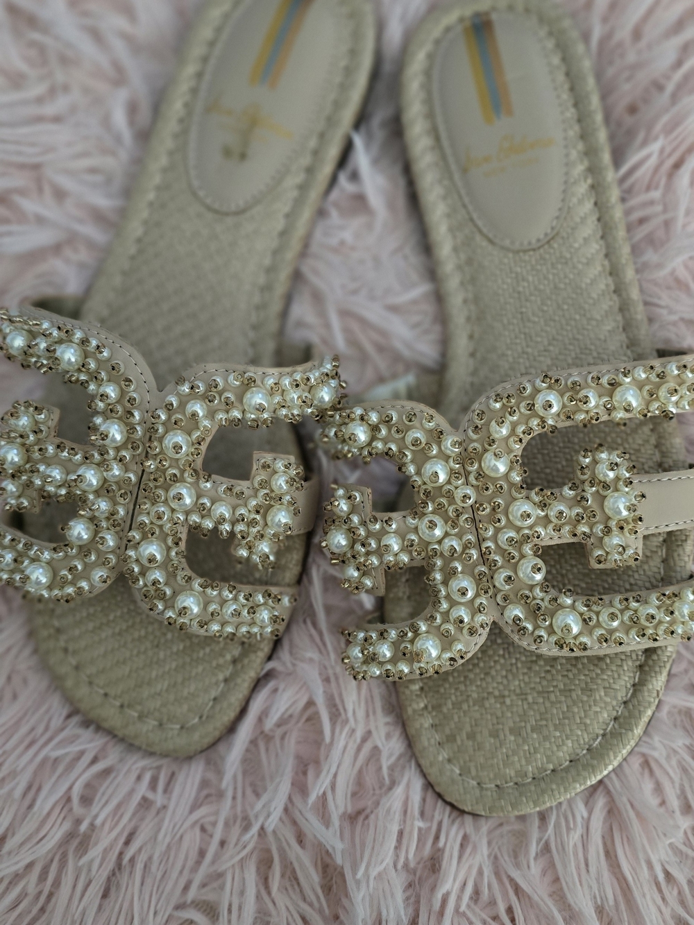 Sam Edelman Pearl-Embellished Beige Slide Sandals